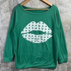Green off the shoulder sweatshirt with shamrock lips Woman's Size Large